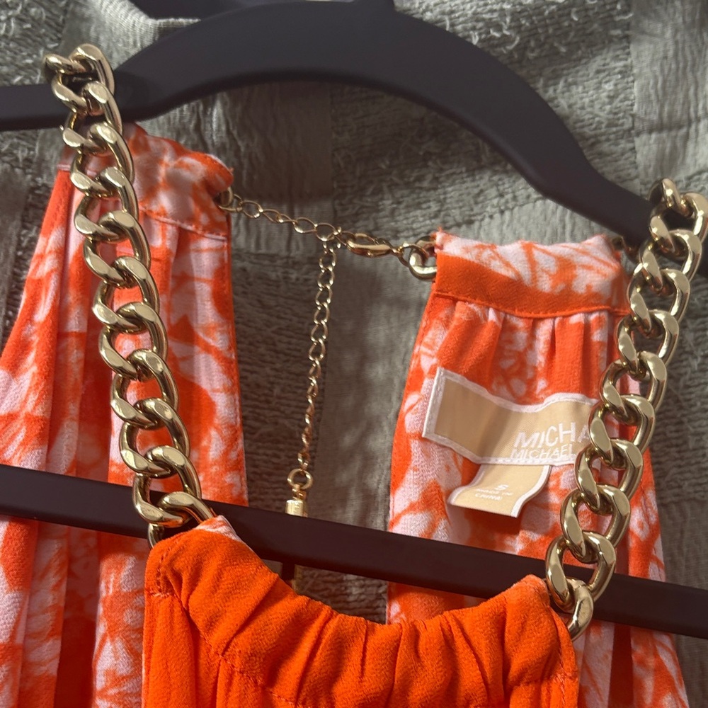 Michael Kors Orange and White Chain-Strap Halter Dress
